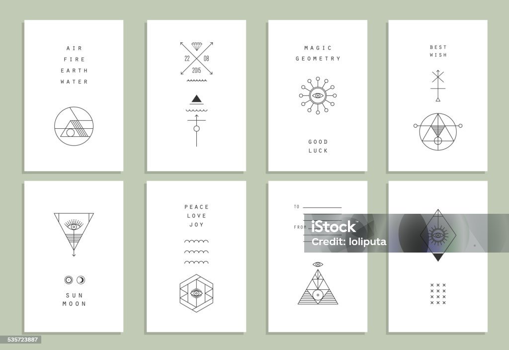 Set of trendy cards with geometric icons. Alchemy symbols collection. Religion, philosophy, spirituality, occultism. 2015 stock vector