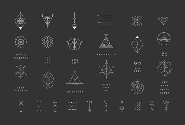Set of vector trendy geometric icons. Alchemy symbols collection. Religion, philosophy, spirituality, occultism. occult symbols stock illustrations