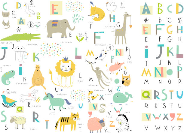 Cute zoo alphabet with funny animals in vector . Letters. Learn to read preschool building stock illustrations