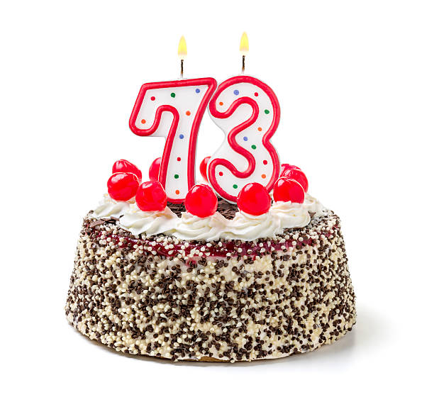Birthday cake with burning candle number 73