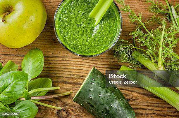 Green Smoothie With Fresh Ingredients Stock Photo - Download Image Now - Cucumber, Pureed, High Angle View