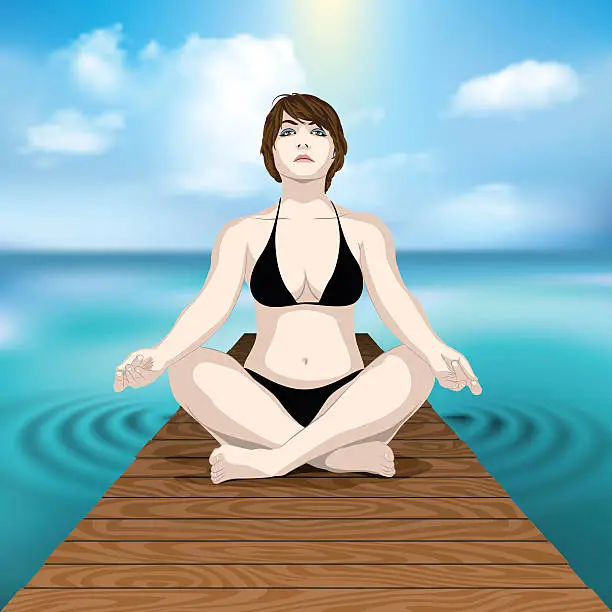 Vector illustration of woman practicing yoga at sea