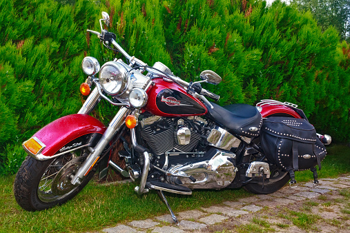 Łagów, Poland - July 13, 2014:f Harley Davidson motorcyclein the park during Motorcycle Meeting in Łagów, Poland. Harley Davidson is an American motorcycle manufacturer. Founded in Milwaukee, Wisconsin, during the first decade of the 20th century.