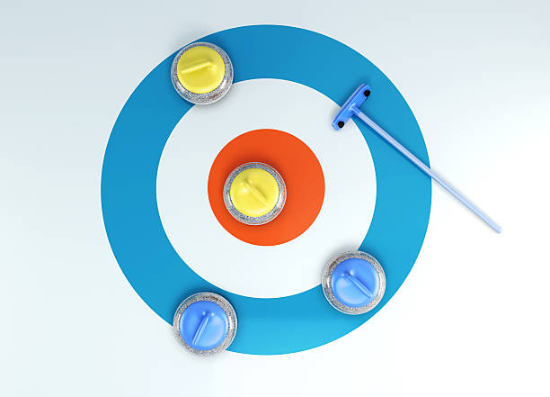 Group of curling stones top view of the ice shuffleboard. Group of curling stones top view of the ice shuffleboard. 3d rendering. curling stock pictures, royalty-free photos & images