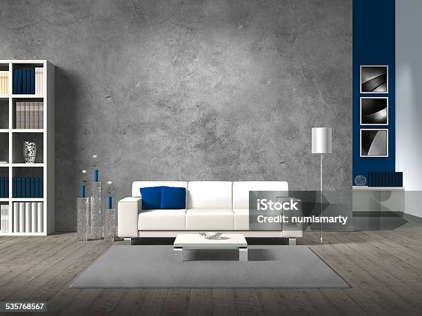 Modern Living Room With Concrete Wall Stock Photo - Download Image Now - Concrete Wall, Shelf, Indoors