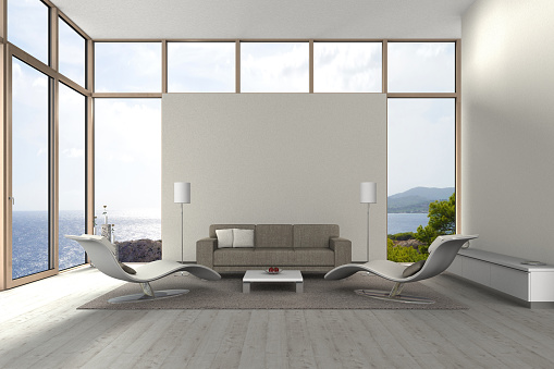 fictitious 3D rendering of a modern living room with a view to the sea