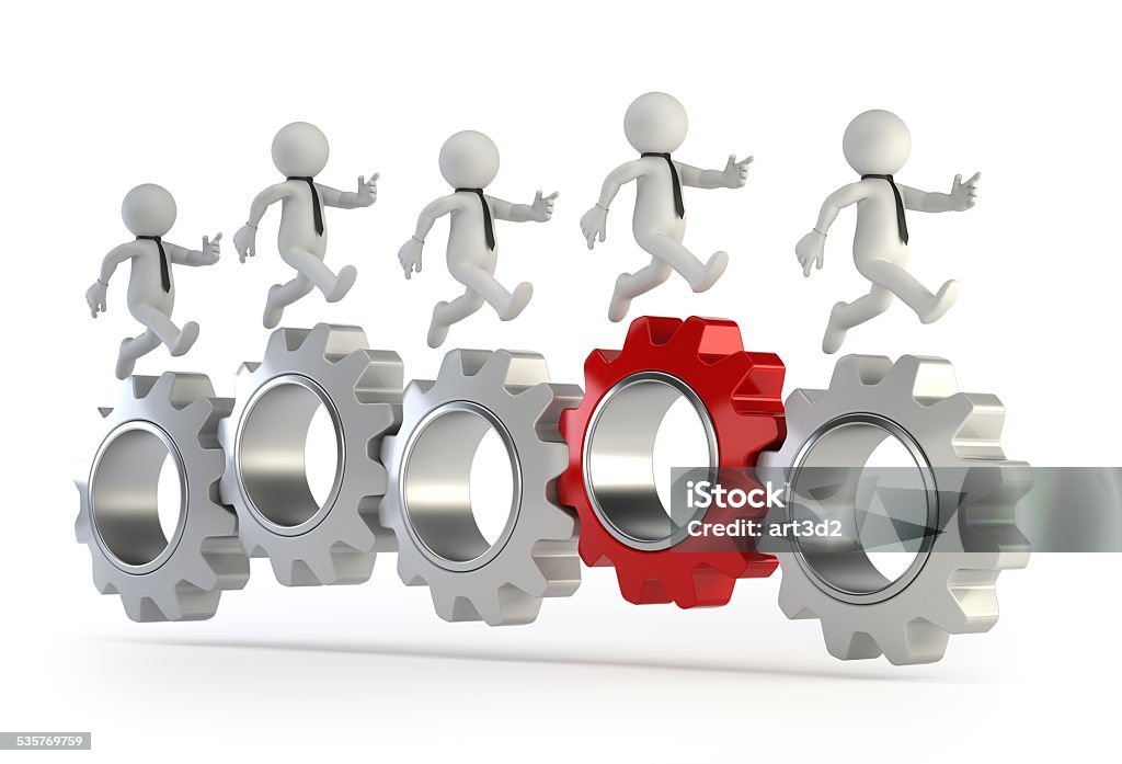 3d small people - run on connected gears run on connected gears, Isolated white background 2015 Stock Photo