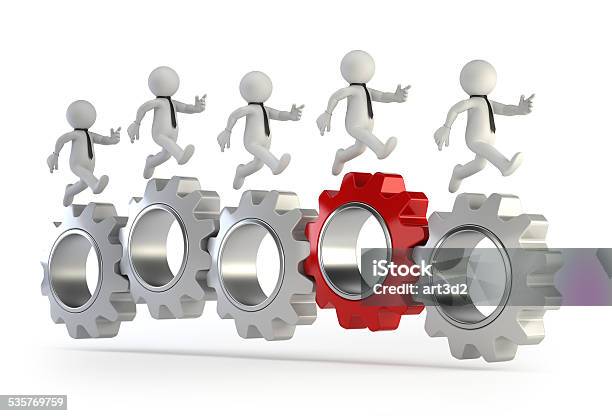 3d Small People Run On Connected Gears Stock Photo - Download Image Now - 2015, Business, Business Finance and Industry