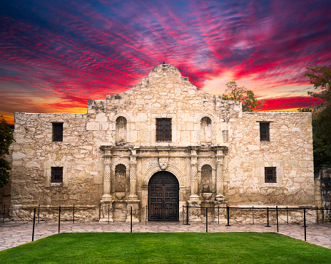 Exterior view of the historic Alamo shortly after sunrise