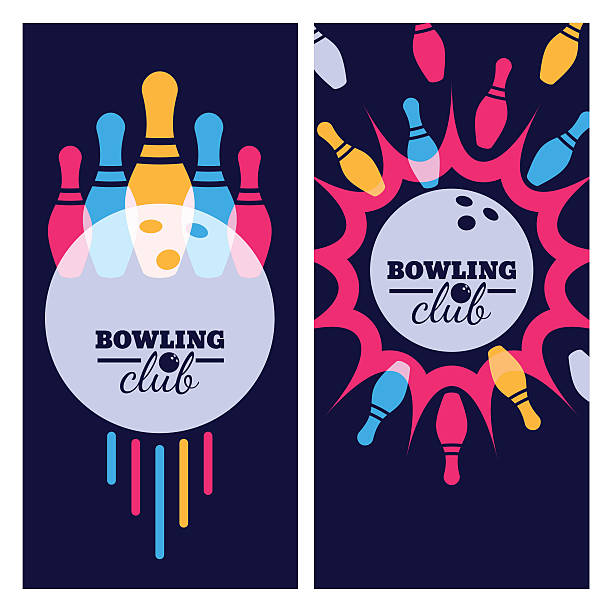 Vector illustration of bowling. Bowling ball, pins on black background. Bowling backgrounds, icons and elements for banner, poster, flyer, label design. Abstract vector illustration of bowling game. Colorful bowling ball, bowling pins on black background. bowling strike stock illustrations