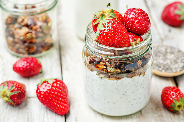 istock Chia seeds granola Greek yoghurt pudding with strawberries 535797132