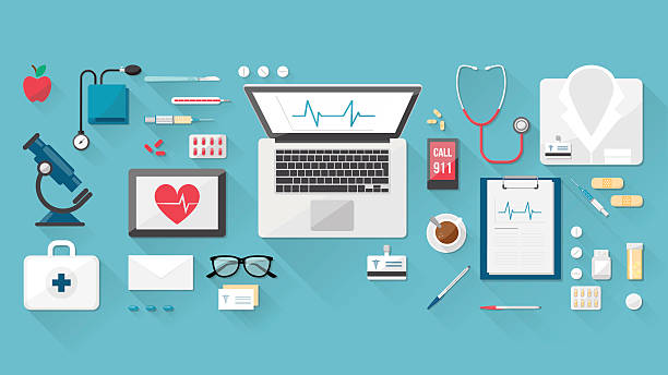 Doctor's desktop Doctor's desktop with medical healthcare tools and equipment, laptop, tablet and phone medical equipment stock illustrations