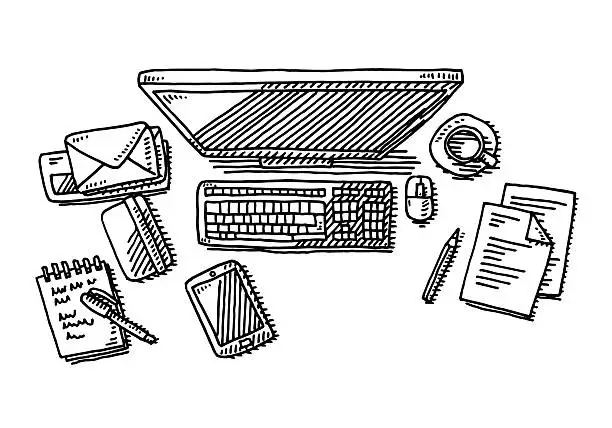 Vector illustration of Office Desk Computer Drawing
