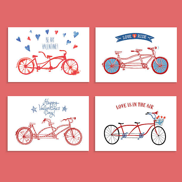 ilustrações de stock, clip art, desenhos animados e ícones de bicicleta tandem postais conjunto sobre o amor - bicycle isolated basket red