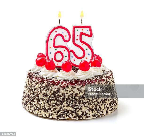 Birthday Cake With Burning Candle Number 65 Stock Photo - Download Image Now - 65-69 Years, Number 65, Cake