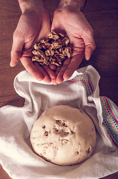 istock Homemade raw bread dough and hands holding walnuts 535811207