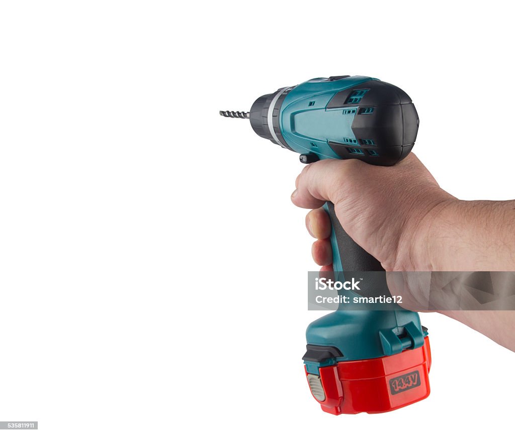 Drill in hand. Drill in hand blue isolated on white background. Holding Stock Photo