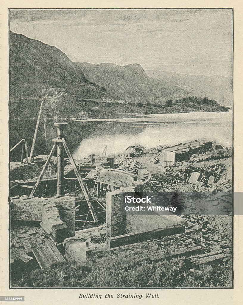 Thirlmere Building the Straining Well 1894 This 1894 photograph from Thirlmere in the English Lake District is taken from (The Pall Mall Magazine 1894). Its title is Building the Straining Well. Thirlmere reservoir was constructed in the 19th century to provide the city of Manchester with water, which it does to this day.  The area flooded by the creation of Thirlmere was previously occupied by two smaller lakes, Leathes Water and Wythburn Water. The water level was raised by construction of a dam at the northern end of Thirlmere in 1890–1894. The construction of Thirlmere would have been underway at the date when this map was created. The map shows, by way of a dotted line, the area that will be covered over with water after the creation of the dam. The water level was raised by fifty feet / fifteen metres. After strong local opposition, an Act of Parliament was passed in 1879 allowing the construction to begin. 1894 Stock Photo