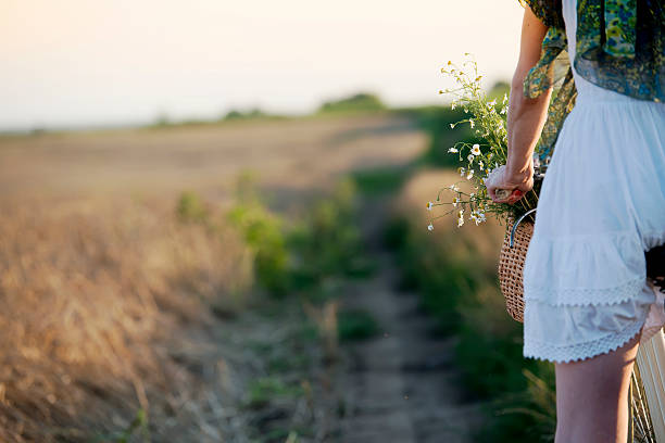 raccolto di donna guida bicicletta attraverso un campo di grano - chamomile flower field chamomile plant foto e immagini stock