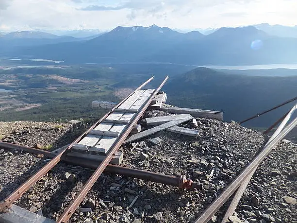Old historic mining handcar rail used to transport ore from a nearby mining tunel. The rail ends ubruptly and is supended above mountain edge with lage dropoff underneath,