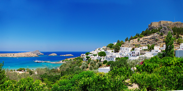 Panoramic view of Lindos bay of Lindos town in Rhodes Island, Greece.