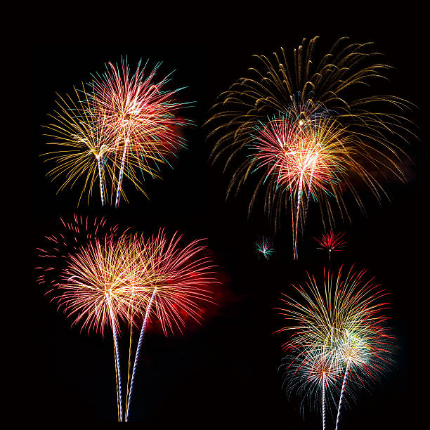 istock Set of colorful fireworks light on the black sky 535867361