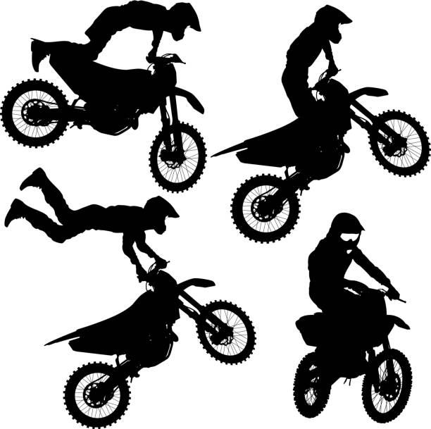 ilustraciones, imágenes clip art, dibujos animados e iconos de stock de conjunto de siluetas de motocross rider on a motorcycle. - dirt stunt