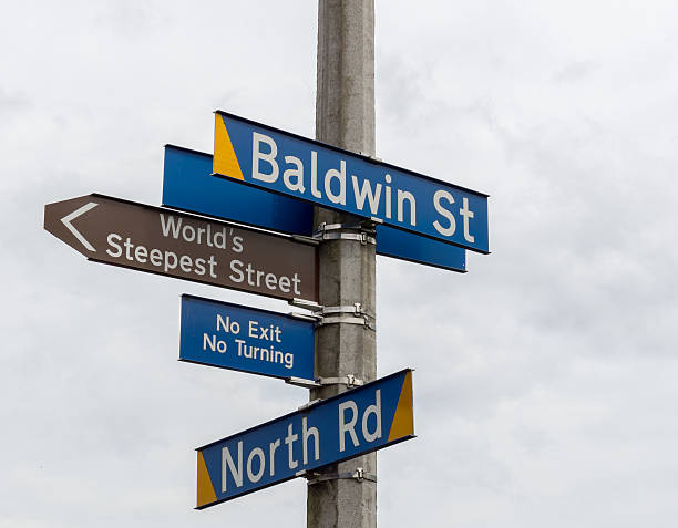 Baldwin Street Sign the world's steepest street, Baldwin Street in the city of Dunedin in New Zealand dunedin new zealand stock pictures, royalty-free photos & images