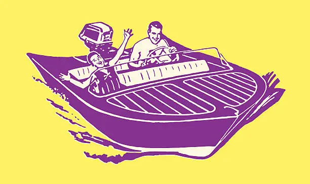 Vector illustration of Father and Son in Speedboat