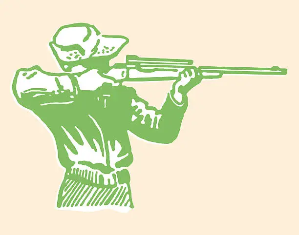 Vector illustration of Hunter with Aimed Rifle at Shoulder
