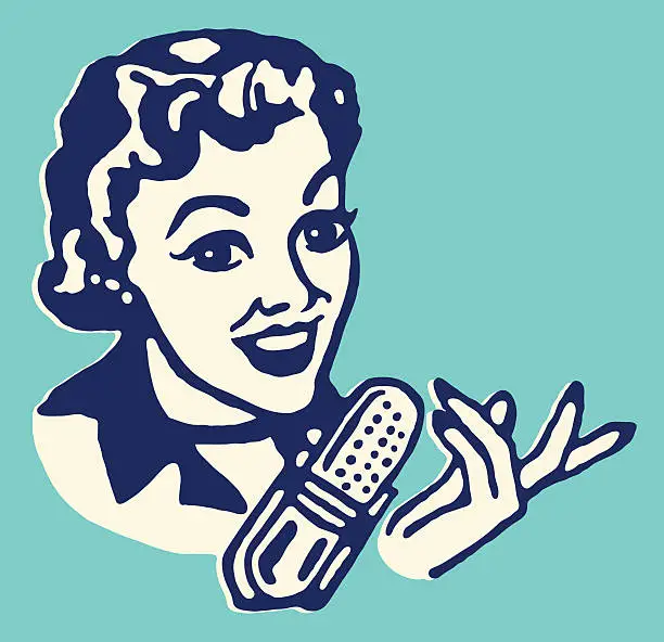 Vector illustration of Female Announcer At Microphone