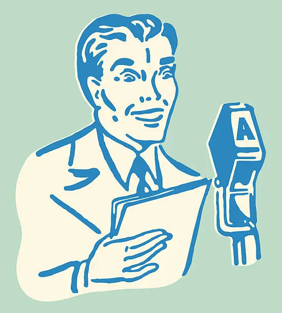 Vector illustration of Male Announcer At Microphone