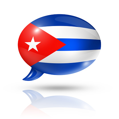 three dimensional Cuba flag in a speech bubble isolated on white with clipping path