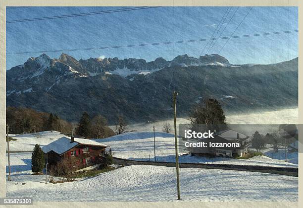 Winter In Swiss Alps Retro Photo Stock Photo - Download Image Now - 2015, Beauty In Nature, Cloud - Sky