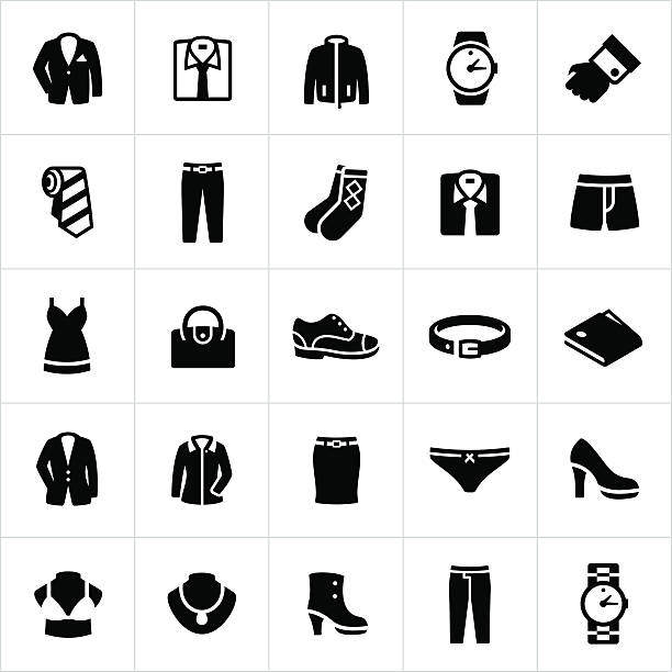 Mens and Womans Formal Wear Icons Formal or business wear icons for men and women. Formal wear, business attire, clothing, cloths, mens, woman's, shirt, pants, suit, dress, accessories. mens clothing stock illustrations
