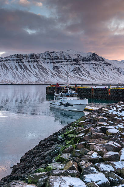 Grundarfjordur, Iceland - January 31, 2015: Sunrise over Grundarfjorour and Lambahnukur, depicting a harbour view of the small fishing village of Grundarfjordur, Iceland. A white Laki Tours vessel (Laki II) berthed in the calm harbour waters, waiting to take passengers on board for the 1st Whale (Orca) and Dolphing watching tour of the day.