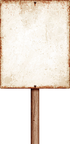 Blank sepia metal sign with copy space isolated on white. Rusty stains, two screws and long wooden post. Photorealistic vector illustration. Layered EPS10 file with transparencies and global colors. Individual elements and textures. Related images linked below.