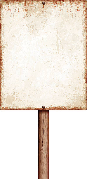 Weathered blank placard with wooden post isolated on white Blank sepia metal sign with copy space isolated on white. Rusty stains, two screws and long wooden post. Photorealistic vector illustration. Layered EPS10 file with transparencies and global colors. Individual elements and textures. Related images linked below. corroded metal stock illustrations
