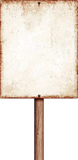 Vector illustration of Weathered blank placard with wooden post isolated on white