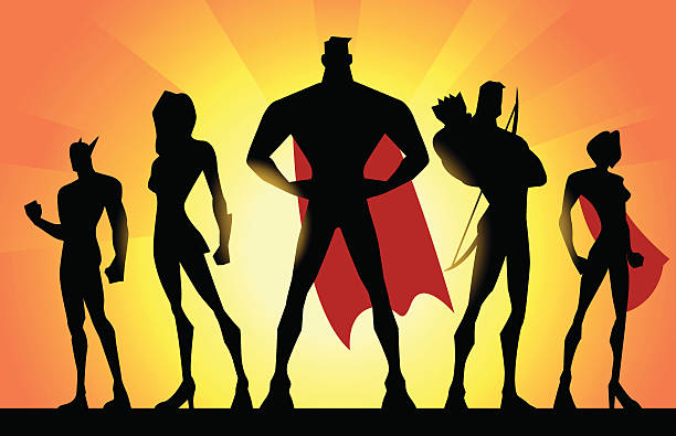 ilustraciones, imágenes clip art, dibujos animados e iconos de stock de superheroes silueta vector de equipo - posición elevada