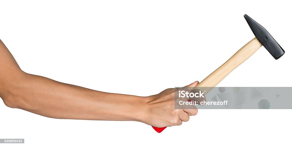 Female hand holding hammer Female hand, bare, holding hammer, isolated over white background Naked Stock Photo