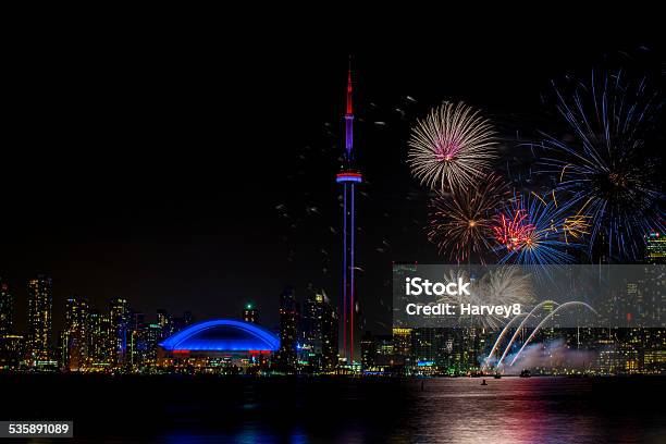 Colorful Fireworks With Cn Tower At Night Stock Photo - Download Image Now - Victoria Day - Canada, Toronto, Firework Display