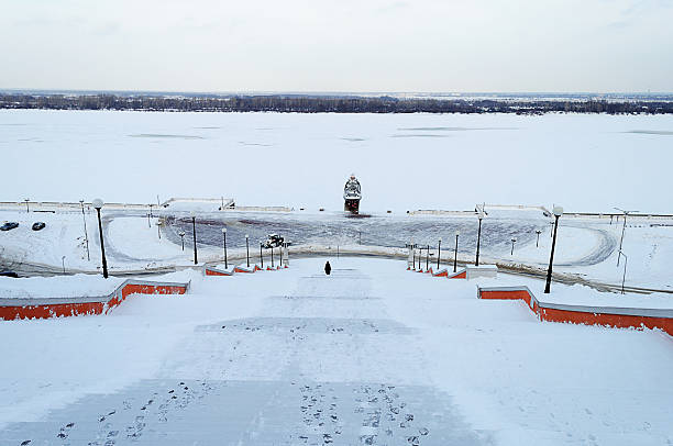 Frozen Volga River at Nizhny Novgorod in winter stock photo