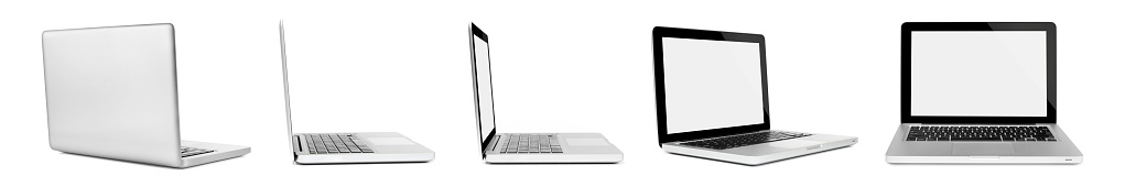 Silver laptop from different perspectives on white background