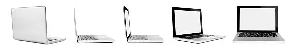 Silver laptop from different perspectives on white background