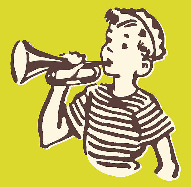 ilustraciones, imágenes clip art, dibujos animados e iconos de stock de boy trompetista - bugle