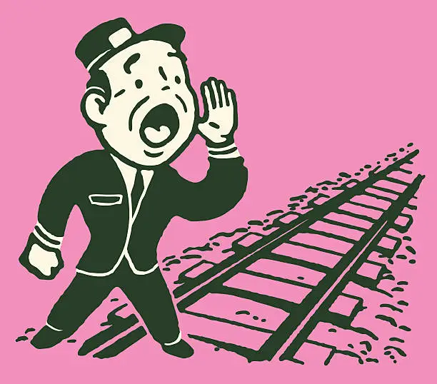 Vector illustration of Conductor Calling out by Empty Train Tracks