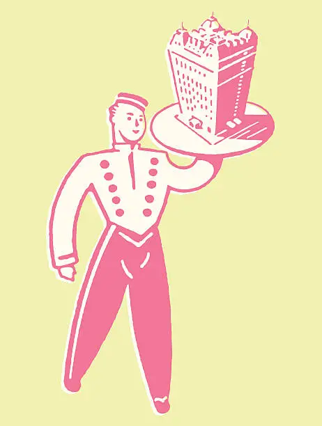 Vector illustration of Bellhop with Hotel on Tray