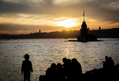 Sunset on the Golden Horn. Close-up of the Chica Tower and The Galata Tower in the background