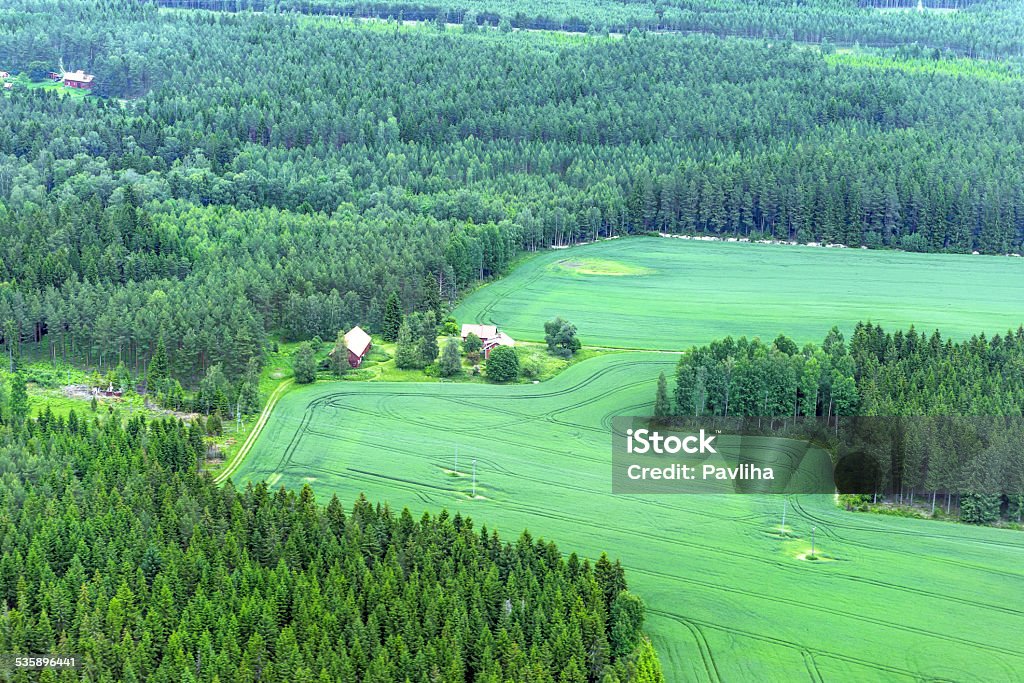 Farms and Fields in Sweden North Europe Aerial view of cultivated land south of Stockholm, Sweden. 2015 Stock Photo